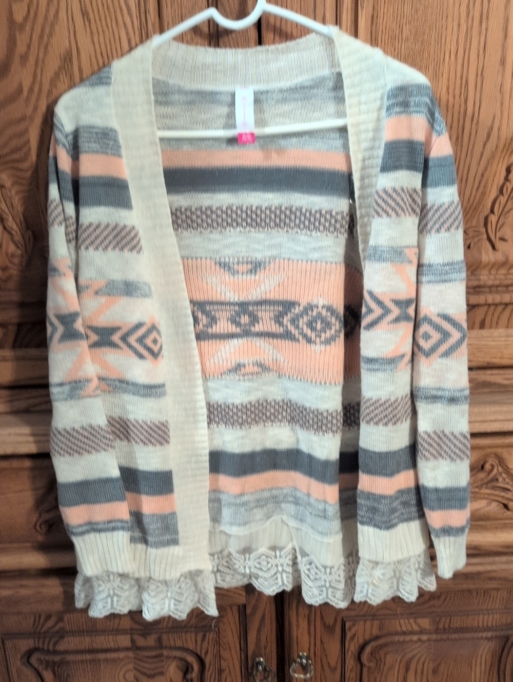 No Boundaries Cream, Peach & Gray Aztec Knit Open Cardigan W/ Lace Trim